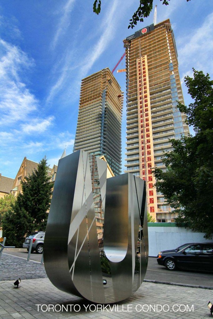 U Condos with West Tower at 65 St Mary St on the left and East Tower at 1080 Bay St on the right